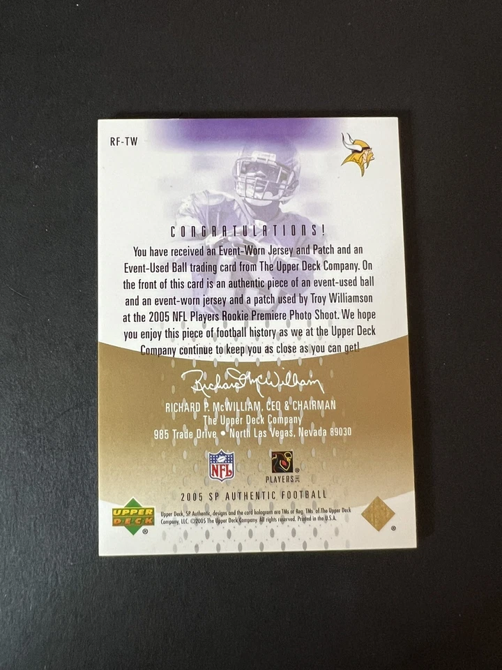 2005 SP Authentic Rookie Fabrics Gold 09/50 Troy Williamson Rookie RC Patch - Image 2 of 2