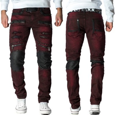 Cipo & Baxx Men's Bordeaux Jeans Regular-Fit Rhinestone Studded 5-Pocket Zip 