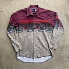 Vintage 90s Wrangler Pearl Snap Shirt Western Scene Wild Horses Large Sunset