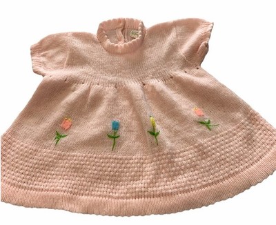 Vintage 60's to 80's Short sleeve Pink Knitted Dress Embroidery Tulips Soft Spun
