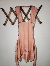 Vintage Handmade Womens Full Bib Apron Peach Floral Trim Pocket Cottagecore