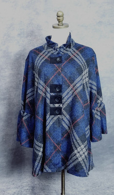 Ali Miles Womens XL Blue Plaid Button Up Jacket Wire Collar Bell Sleeve