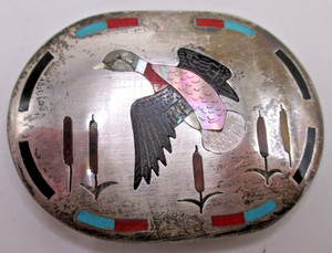 Zuni Derrick & Nichelle Edaakie sterling inlaid duck & cattails belt buckle 47 g
