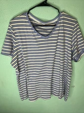 Women’s V Neck Short Sleeve Top Blu White Size XL Striped Cotton Casual Shirt…