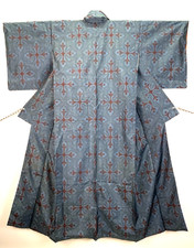 Vintage Tsumugi Silk Kimono Geometric Blue Maroon Burgundy Size M 61.6in Japan