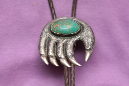 Cravatta vintage fatta a mano argento sterling zampa orso turchese western bolo - Foto 2 di 9
