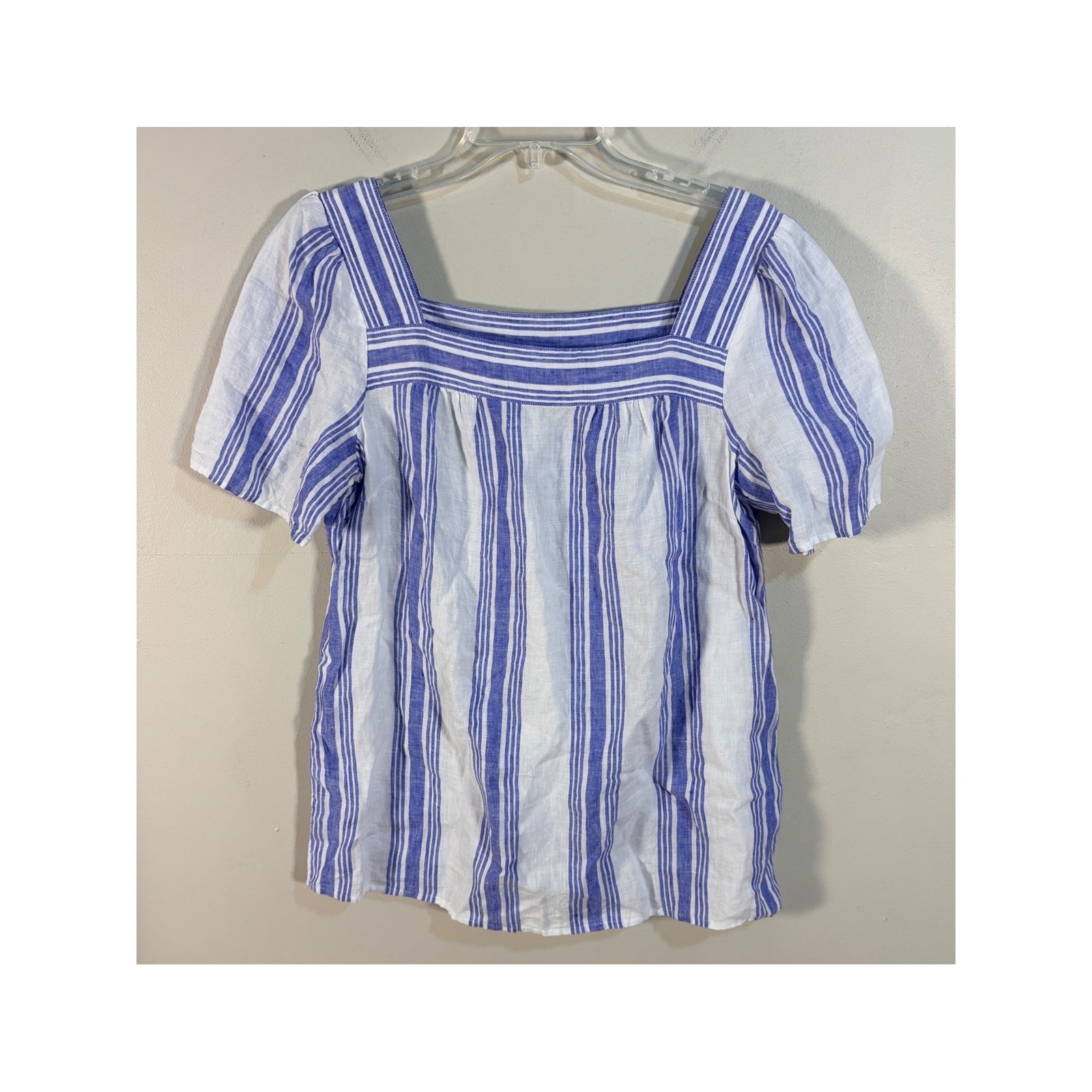 Talbots Blue White Striped 100% Linen Square Neck Puff Sleeve Blouse Size M