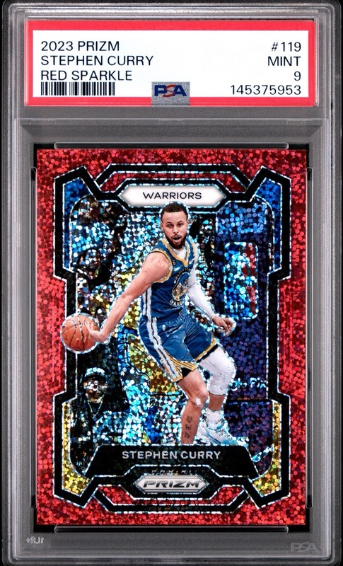 2023-24 Panini Prizm #119 Stephen Curry Red Sparkle “Logoman” Prizm SP PSA 9