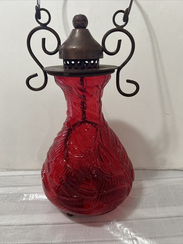 Vintage Metal & Amber Glass Hanging Swag Candle Lamp - Picture 2 of 6