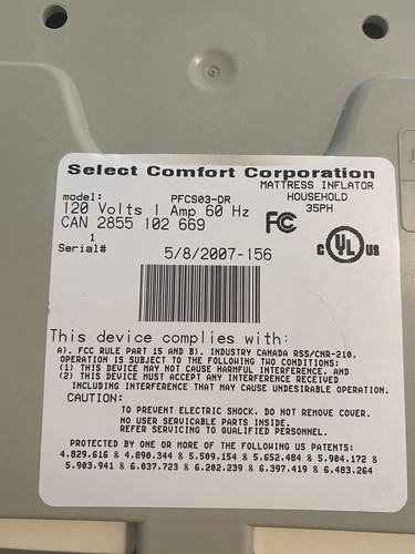 SELECT COMFORT MATTRESS INFLATOR MODEL PFC503DR FREE SHIPPING - Picture 5 of 5