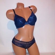 Victoria Secret Bra Set 32D Push Up Perfect Shape XS Hiphugger Panty Navy Blue
