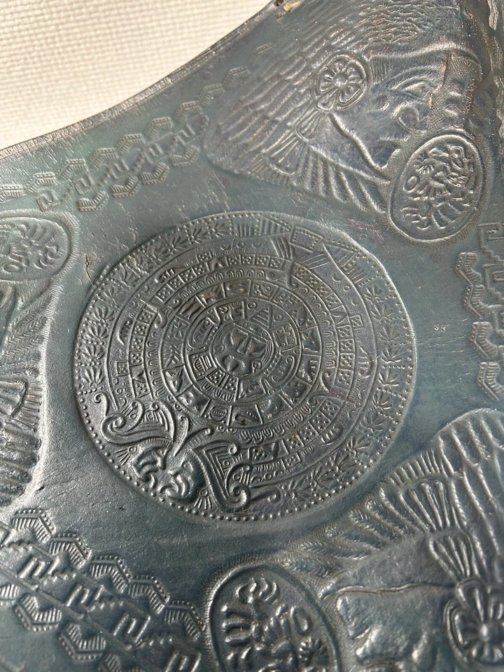 Vtg Leather Tripod Folding Stool Blue Saddle Seat Chair Aztec Mayan Bamboo Legs - Image 3 of 4