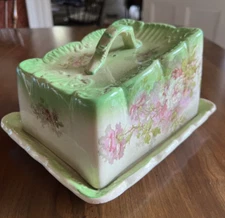 Wonderful Antique Cheese Keeper With Lid; Green & Flowers; Beautiful!