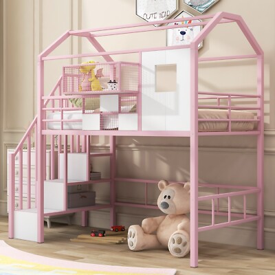 Twin Size Loft Bed Metal Bed Frame with Storage Box Guardrails Pink/Black 