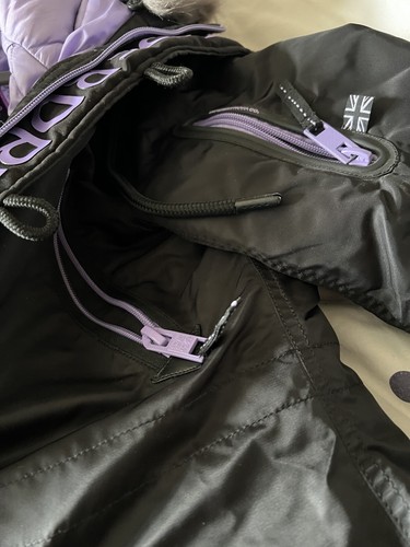 Superdry & FutureFur black Faux Fur Pink/violet Logo Parka Coat - Size M - Picture 8 of 12