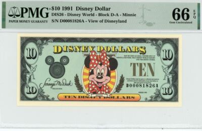 DISNEY DOLLARS 10$ ディズニードル  ミニー New Disney Dollars 1999 AA $10 Ten Dollar Minnie Low Serial