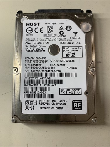HGST 750GB 5K1000-750 5400RPM 3Gb/s HDD HTS541075A9E680 H2T750854S 678312-003 - Picture 2 of 4