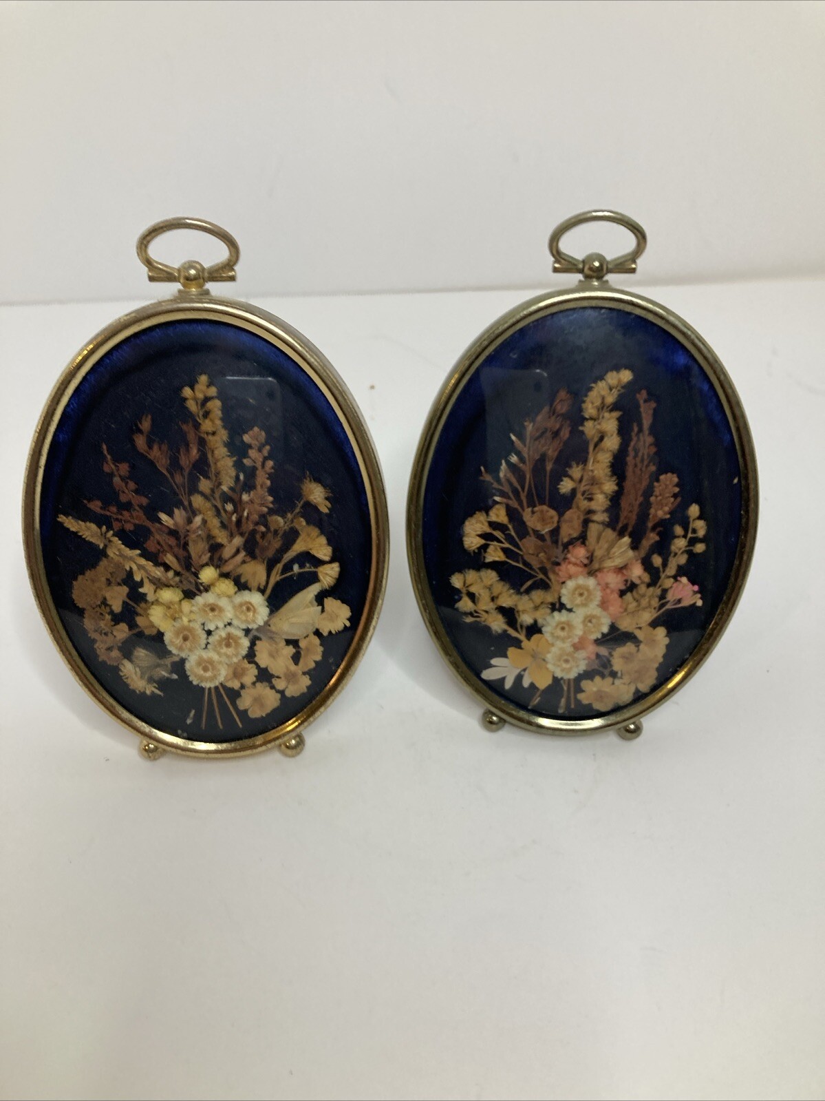 VTG Oval Framed Dried Flowers Pressed Floral Art Curved Glass Convex Set Of 2