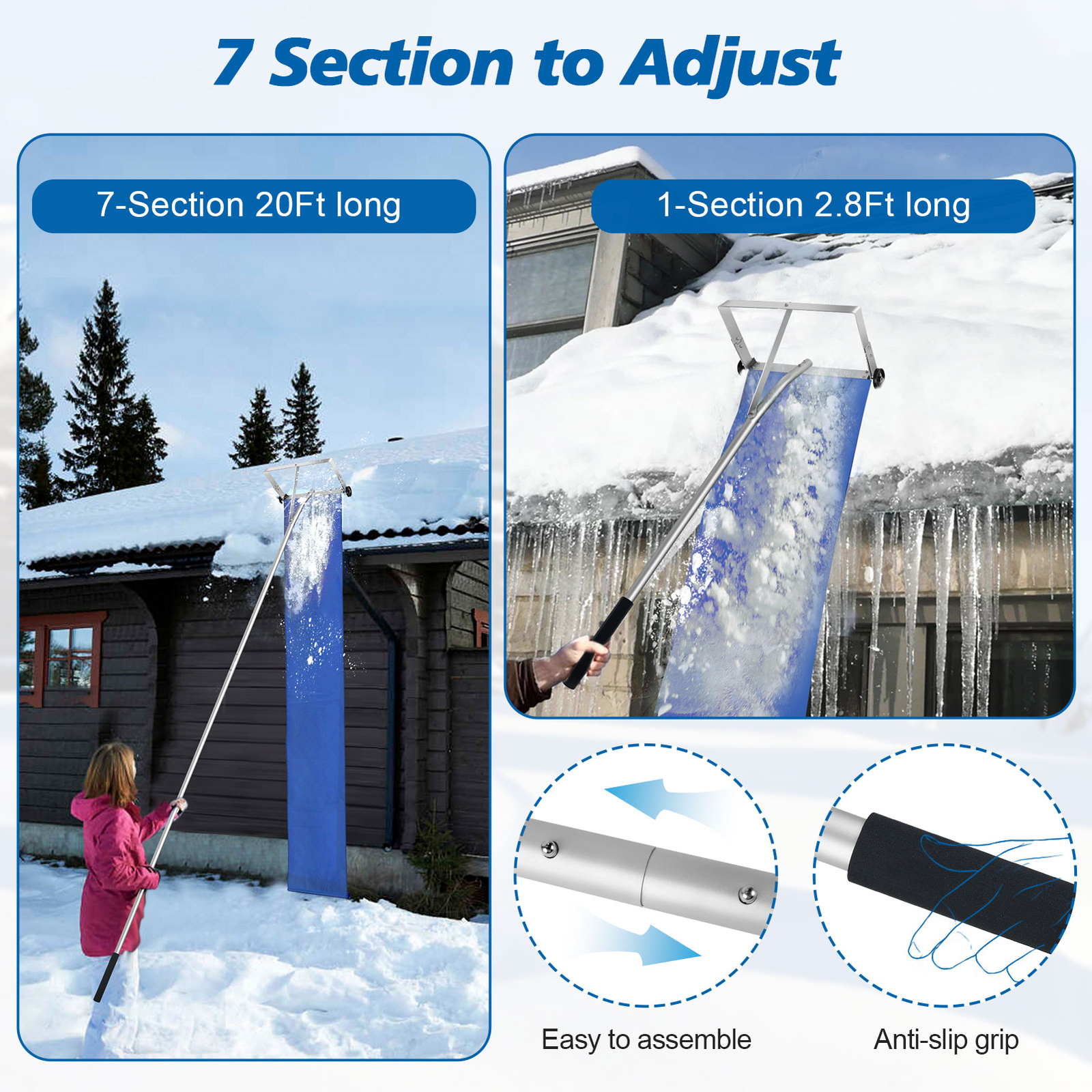 Snow Roof Rake 20ft Reach Aluminium Roof Shovel w/ Wheels+ Slide Cloth