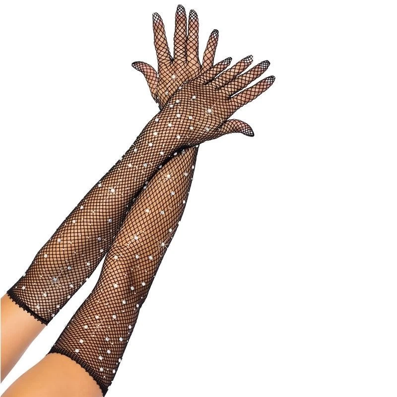 Rhinestone Fishnet Gloves - Black