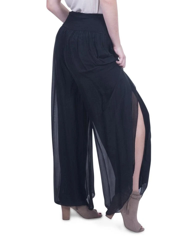 GIGI MODA JAZMÍN NEGRO CARBÓN SEDA PALAZZO PANTALONES ABERTURAS LATERALES, FORRO JERSEY O/S