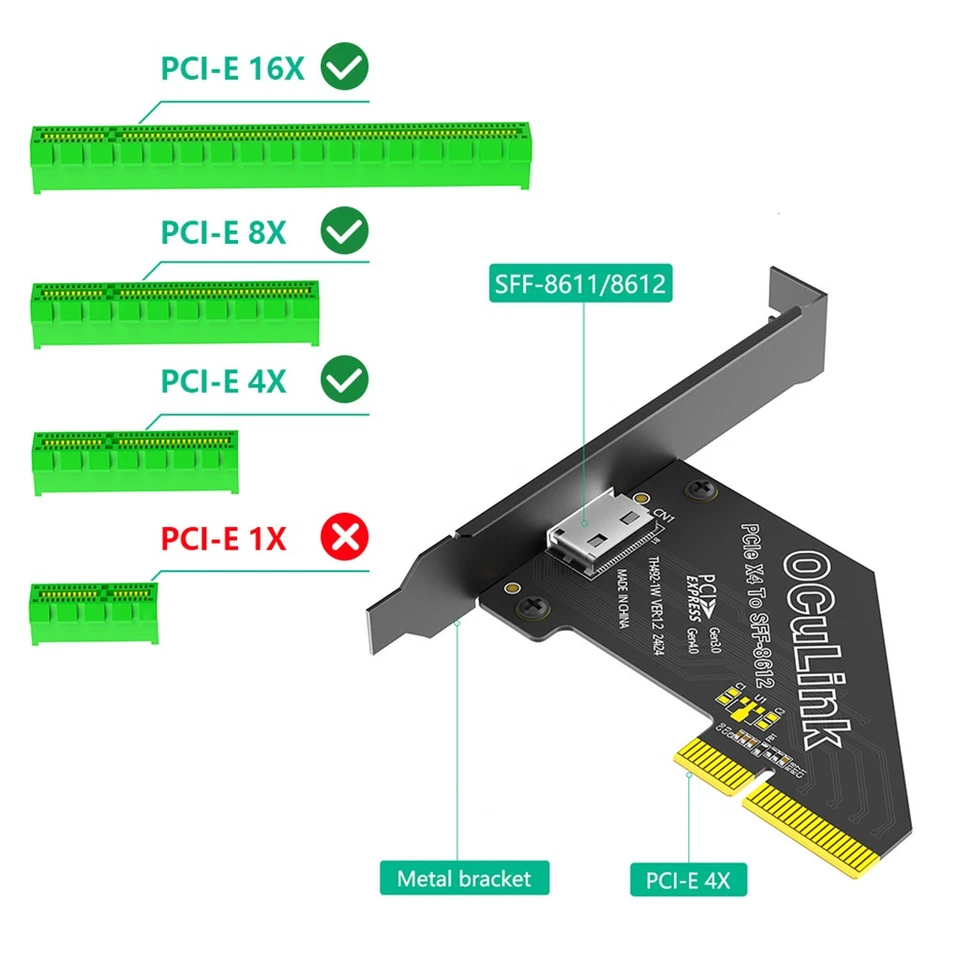 PCI-E 4X 4.0 to Oculink SFF-8611/8612 Adapter with Long Profile Bracket - Image 2 of 4