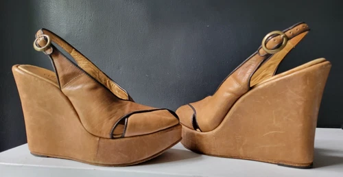 FIORENTINI & BAKER BROWN GENUINE LAMBSKIN LEATHER PEEP TOE WEDGE HEEL SHOES