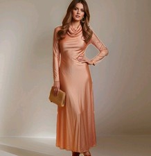 Coral Stretch 60s 70s Shiny Metallic Long Sleeve Womens S Long Maxi Dress