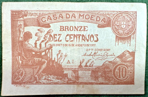 1918 Portugal 10 Centavos Extra Fine Detail-Stain P-96 | Free Shipping