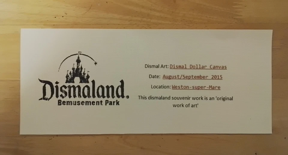 Billete de lienzo moneda lúgubre obra de arte Dismaland Banksy Glastonbury Peckham rock  Foto 2 de 2