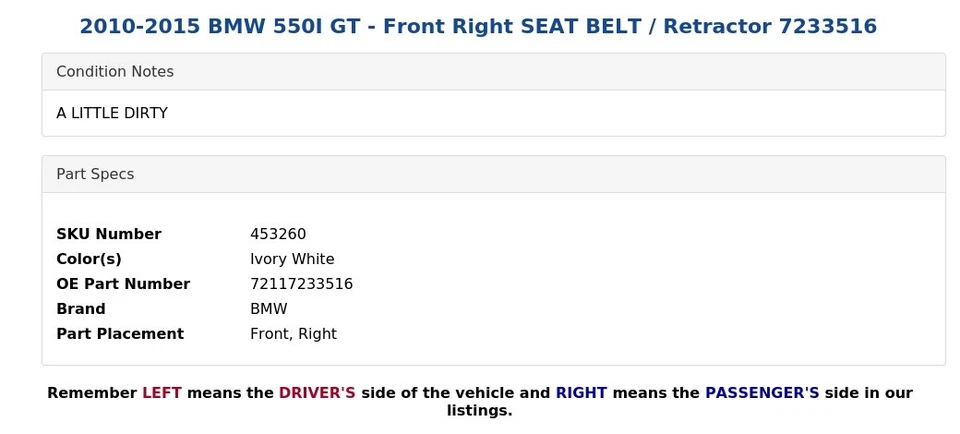BMW 550I GT 2010-2015 - Cinturón de seguridad delantero derecho / retractor 7233516 Foto 2 de 3