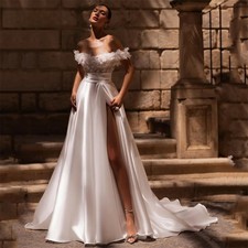 Modern A-Line Wedding Dress 3D-Flowers Off The Shoulder Pleat V-Neck Side Split