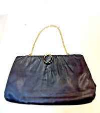 VTG Black Satin Evening Bag Gold Chain Frame Clutch Purse
