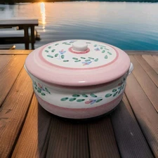 Vintage Caleca Pink Garland Hand Painted Handled Casserole Pot w/Cover Italy