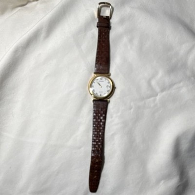 Pulsar Quartz Gold Tone Dress Watch Roman Numerals Brown Leather Strap Date