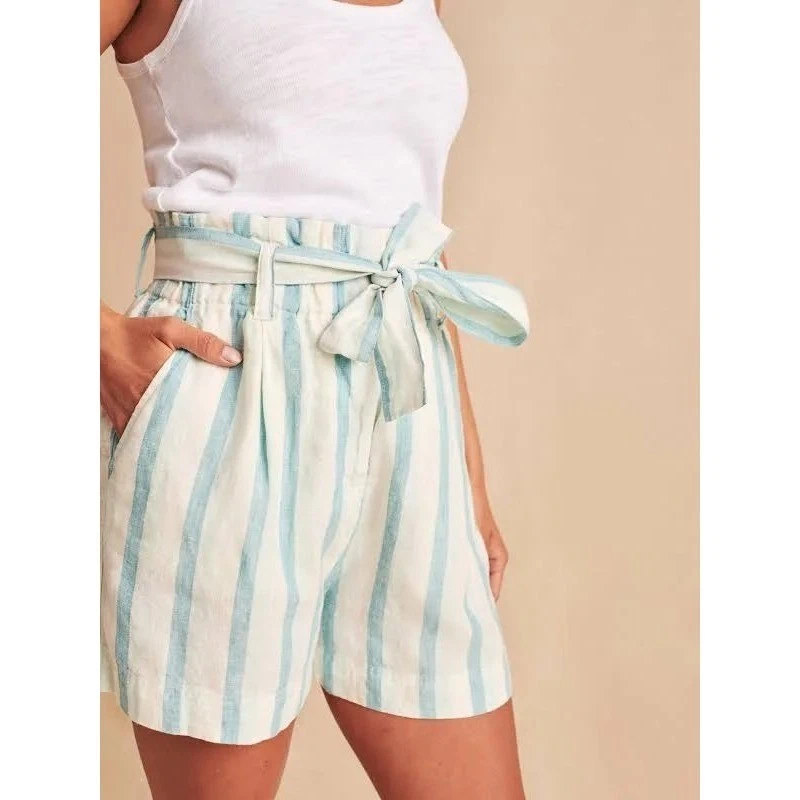 Faherty Cypress Womens Sz M Striped Linen Shorts Blue Green Resort Beach