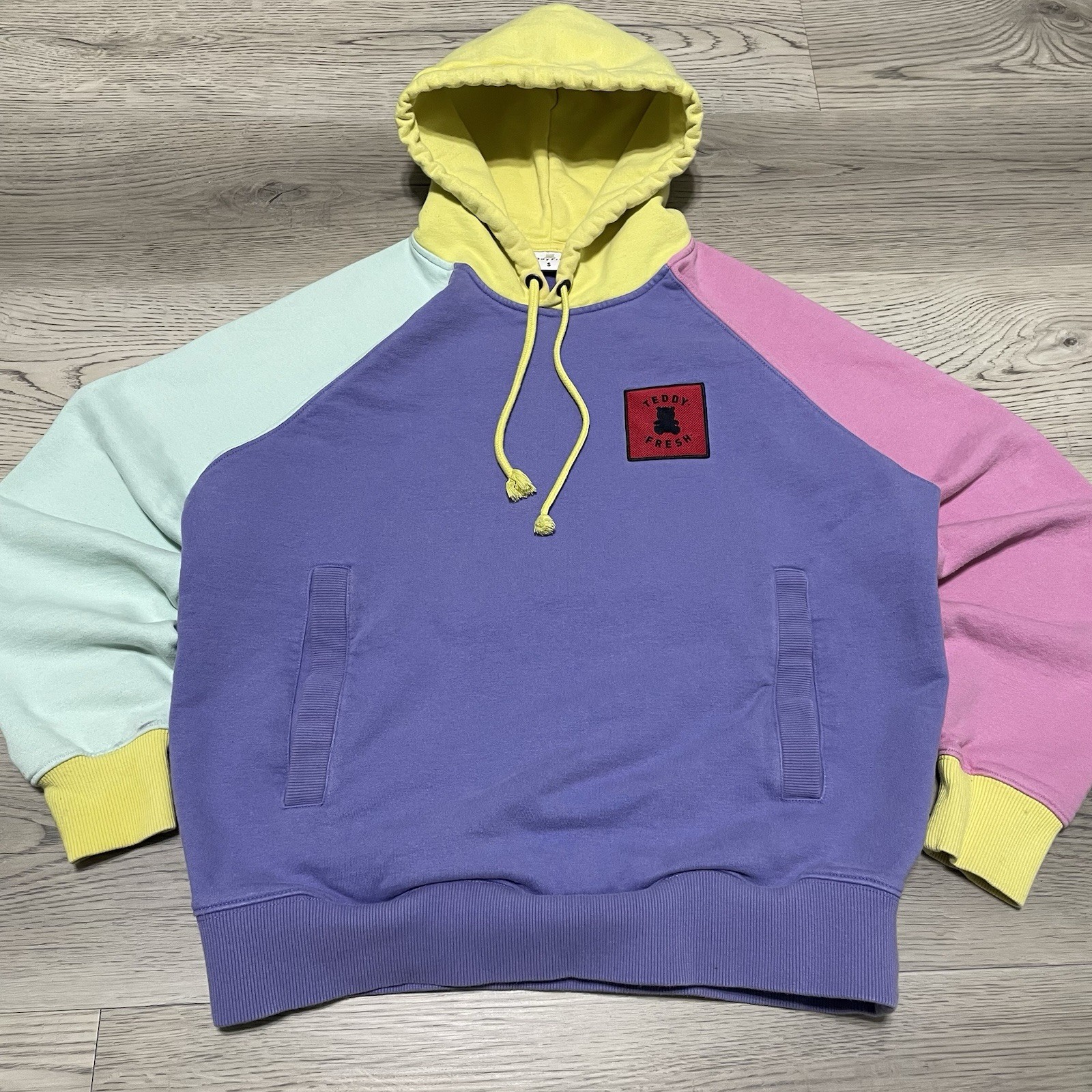 Teddy Fresh Hoodie Adult Small Purple Pastel Colorblock Sweatshirt Bear Patch
