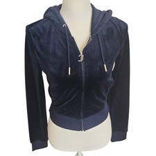 Juicy Couture Navy Blue Velour Zip Up Hoodie Track Jacket Sweatshirt Size Small