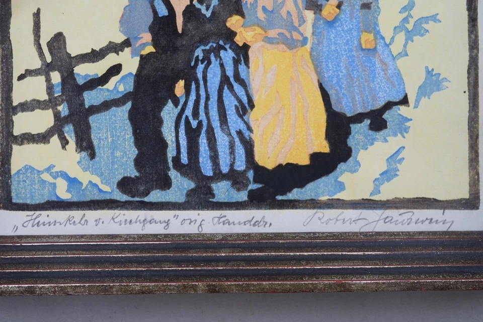 Heimkehr vom Kirchgang Robert Saurwein Farbholzschnitt Tirol Originalrahmen - Bild 3 von 4