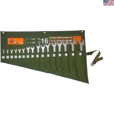 Roll Up Tool Bag Organizer 16 Pockets Metric & SAE Wrench Organizer Heavy Dut...
