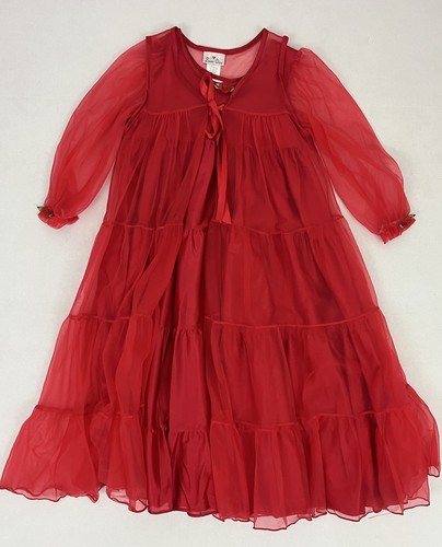 Vintage Laura Dare Girl's 6 Peignoir Set Gown & Robe Red Nylon Satin