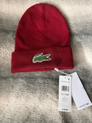 Lacoste Big Croc Beanie Hat Skull Cap burgandy Knit Wool/Acrylic Adult OS
