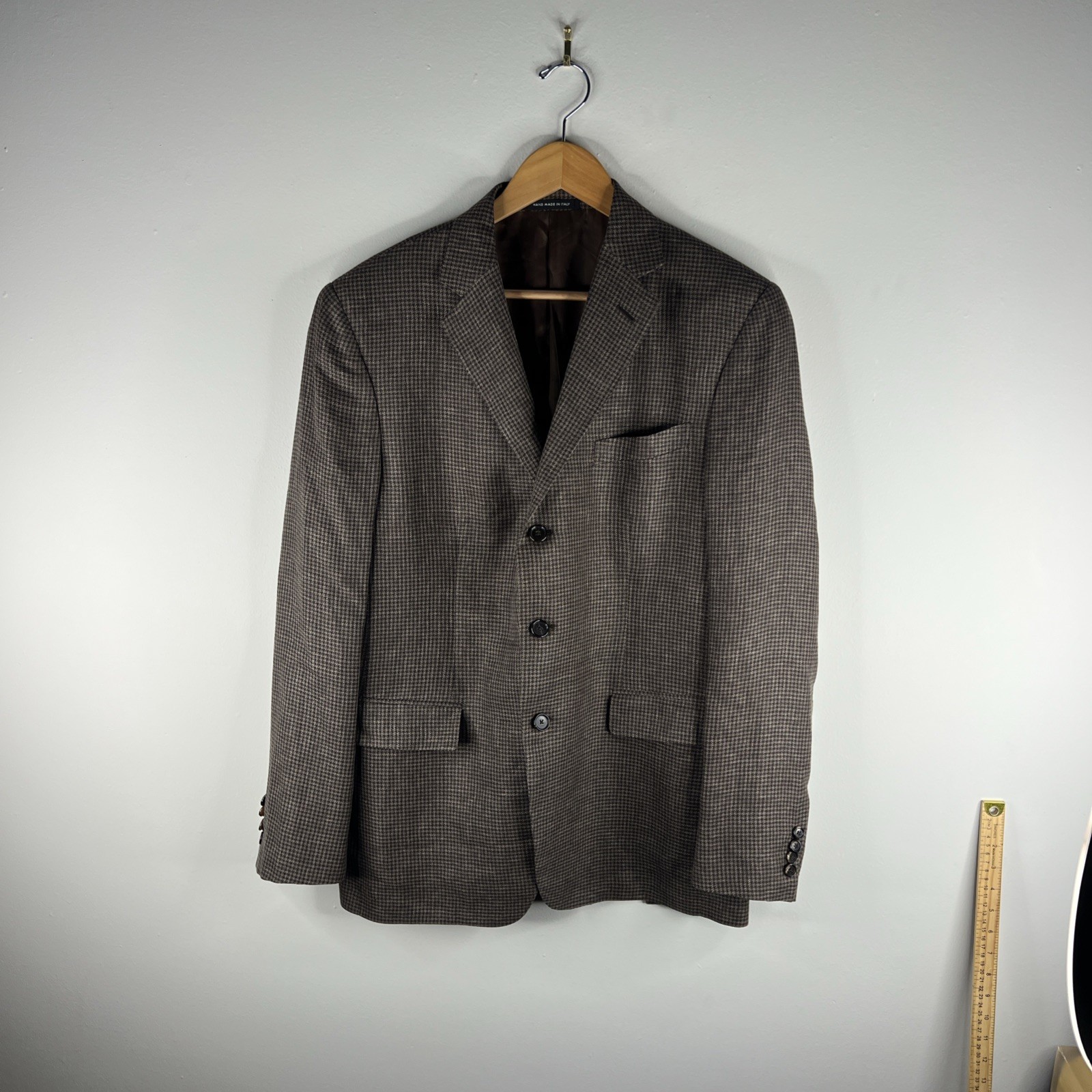 Caruso Braun Blazer Adult 52 Brown Houndstooth Linen Wool Silk Sport Coat B43