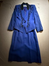Vintage Liz Claiborne Skirt Suit Jacket Set Womens 8 Blue Button Zip Old Money