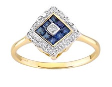 9ct Yellow Gold Blue Sapphire & Diamond Ring sizes J to S - ART DECO Design