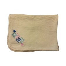 Vintage Yellow Thermal Baby Blanket Embroidered Blocks Hearts Waffle Weave