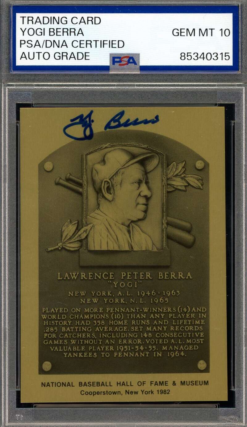 Yogi Berra Gem Mint 10 PSA DNA Signed Gold Metallic Hall Fame Plaque Autograph
