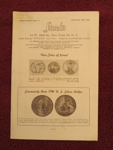 Stack's 1950 "Specials" Fixed Price List No. 47;  1794 dollar, 1796 bust half
