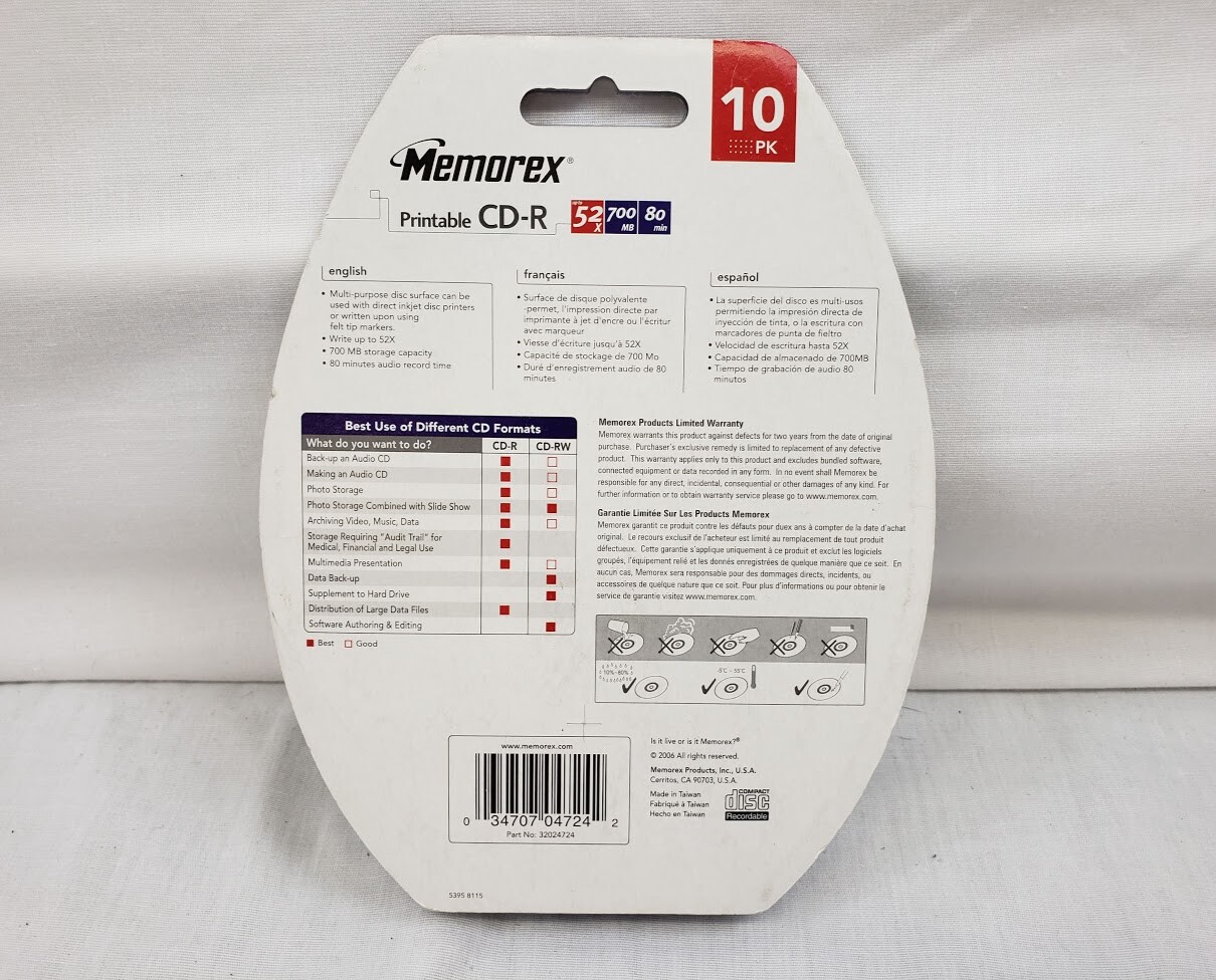 Memorex Printable Disc CD-R 10 PK w/ Marker recordable 52X 700 MB 80 Min NEW