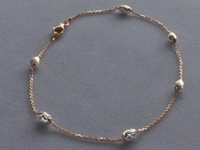 10" ANKLE BRACELET TWO TONE ROSE/STERLING SILVER w/FACETED OVAL BEADS ITALY 925